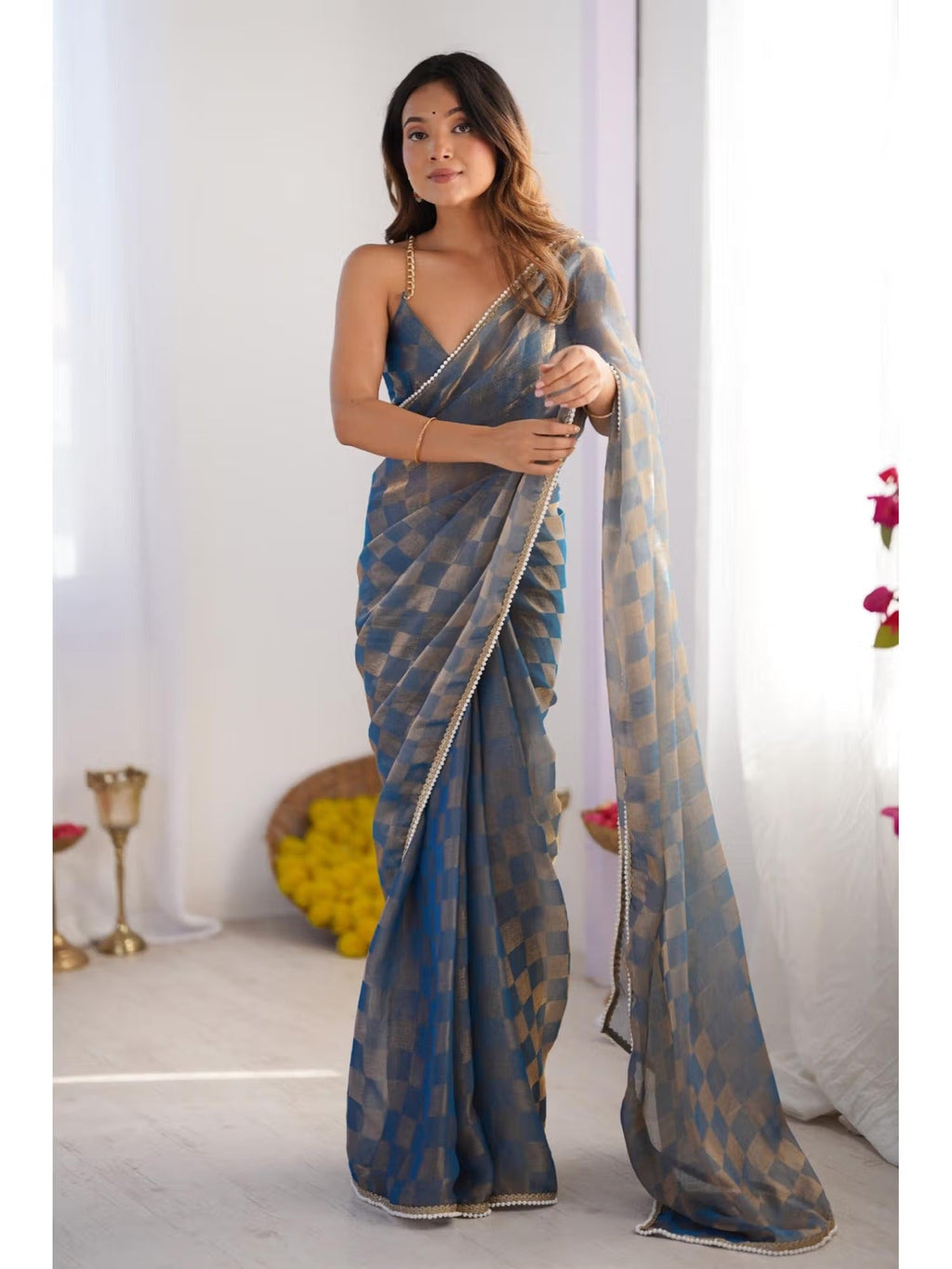 Jyoti Fashion Women's Blue Box Chiffon Moti Lace Border Designer Saree with Blouse - Distacart