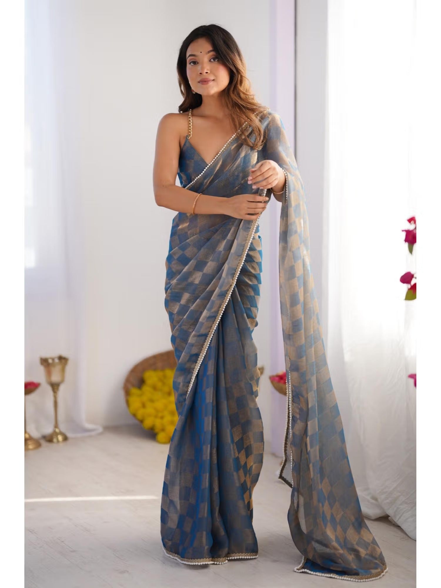 Jyoti Fashion Women's Blue Box Chiffon Moti Lace Border Designer Saree with Blouse - Distacart