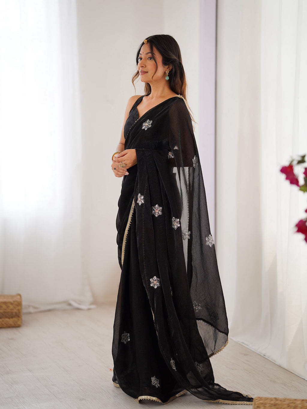 Jyoti Fashion Women's Black Soft Fendy Embroidered Designer Saree with Blouse - Distacart