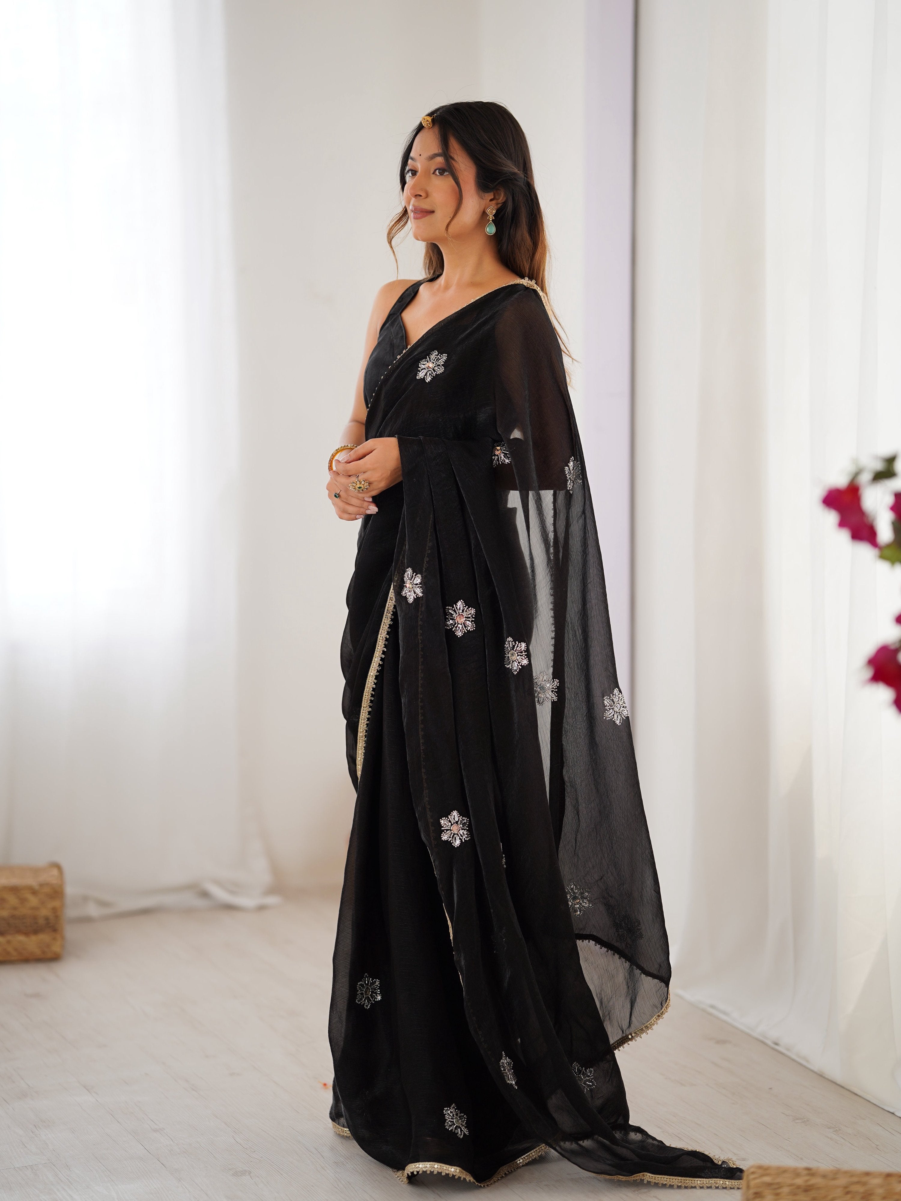 Jyoti Fashion Women's Black Soft Fendy Embroidered Designer Saree with Blouse - Distacart