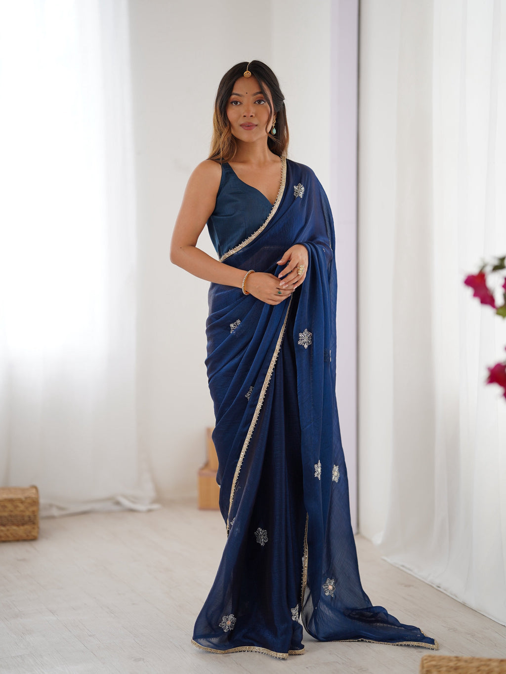 Jyoti Fashion Women's Navy Blue Soft Fendy Embroidered Designer Saree with Blouse - Distacart
