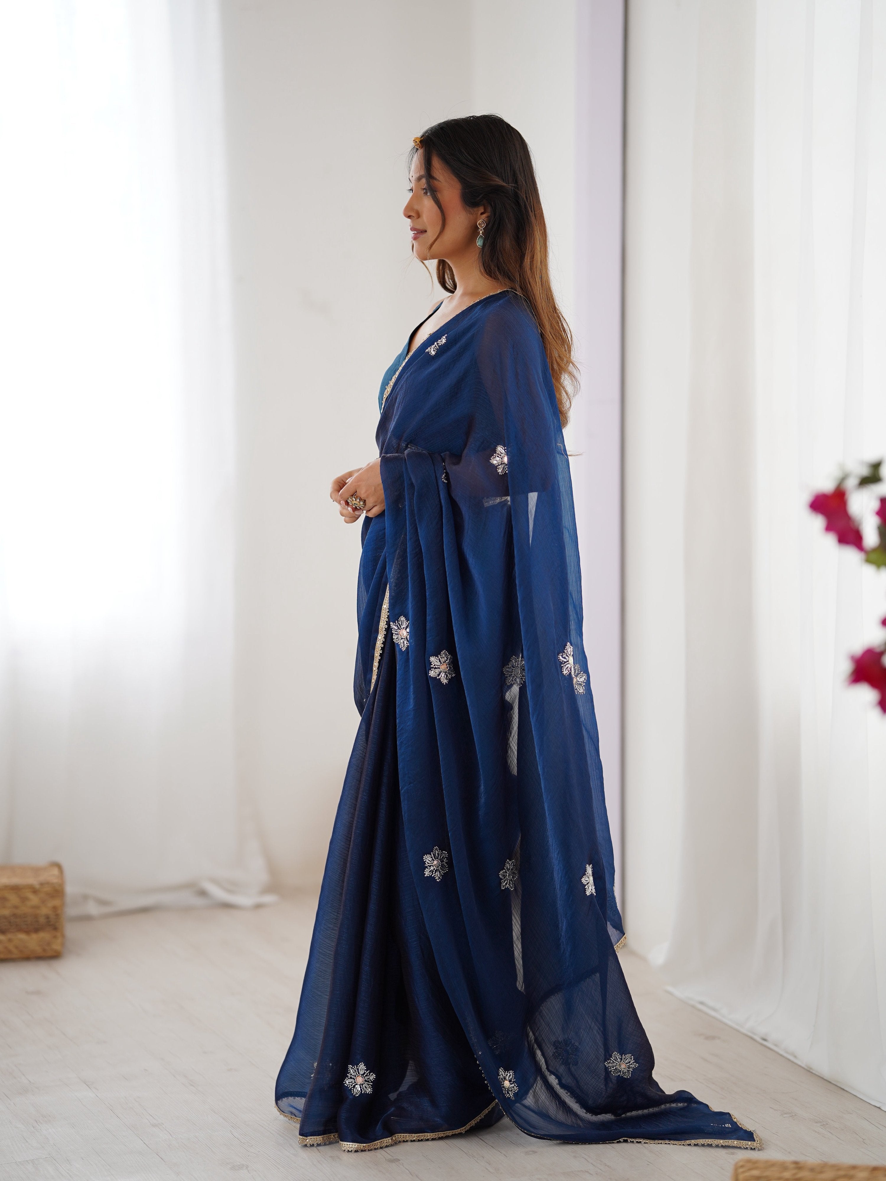 Jyoti Fashion Women's Navy Blue Soft Fendy Embroidered Designer Saree with Blouse - Distacart