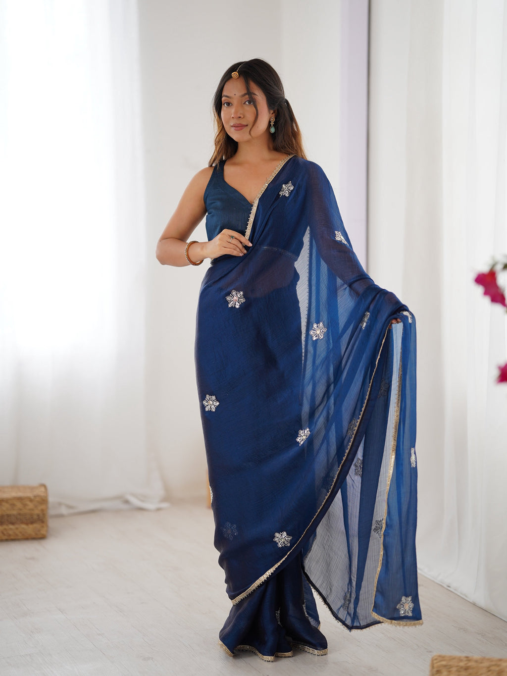 Jyoti Fashion Women's Navy Blue Soft Fendy Embroidered Designer Saree with Blouse - Distacart