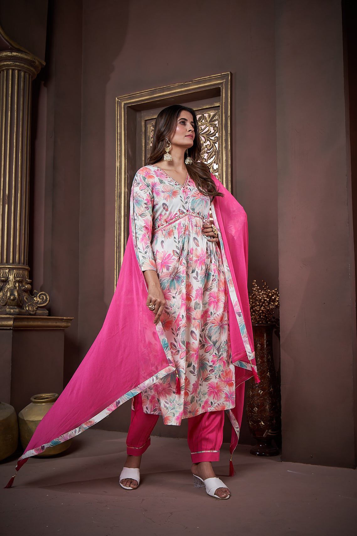 Jyoti Fashion Women's Pink Rayon Floral Print with Handwork Designer Kurta Set with Dupatta - Distacart