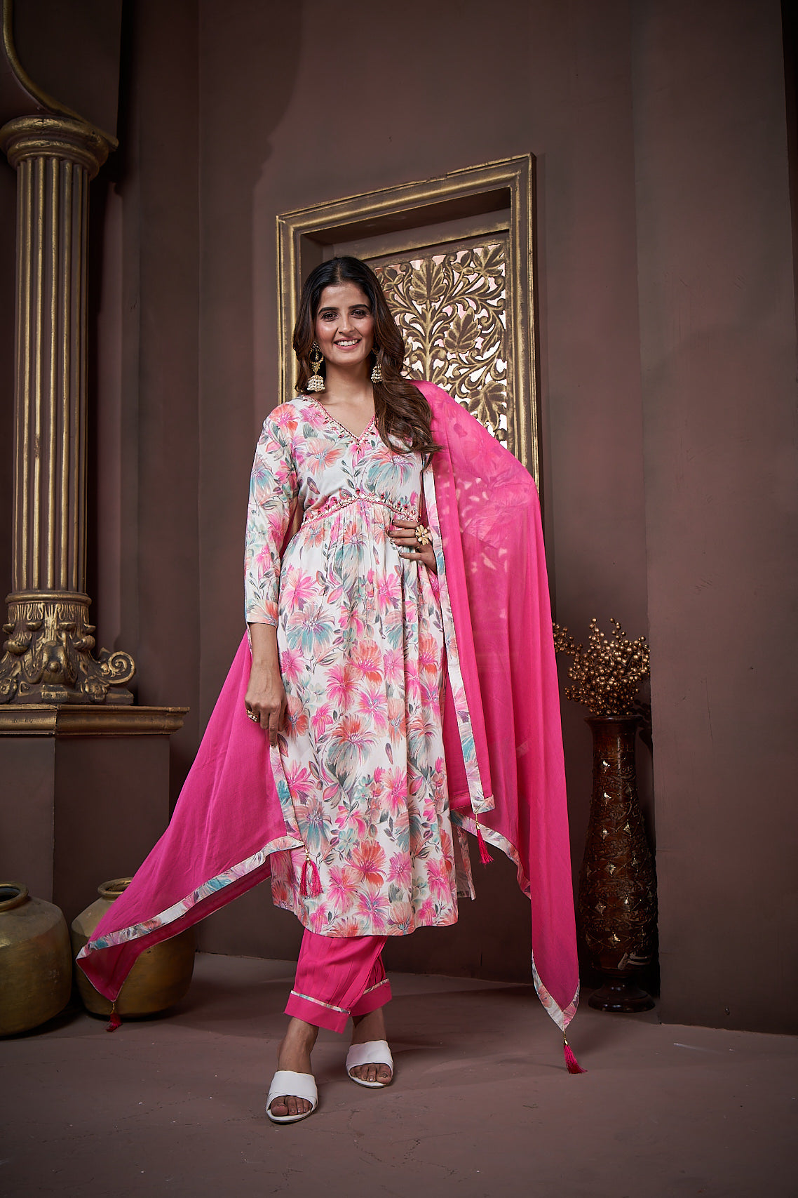 Jyoti Fashion Women's Pink Rayon Floral Print with Handwork Designer Kurta Set with Dupatta - Distacart