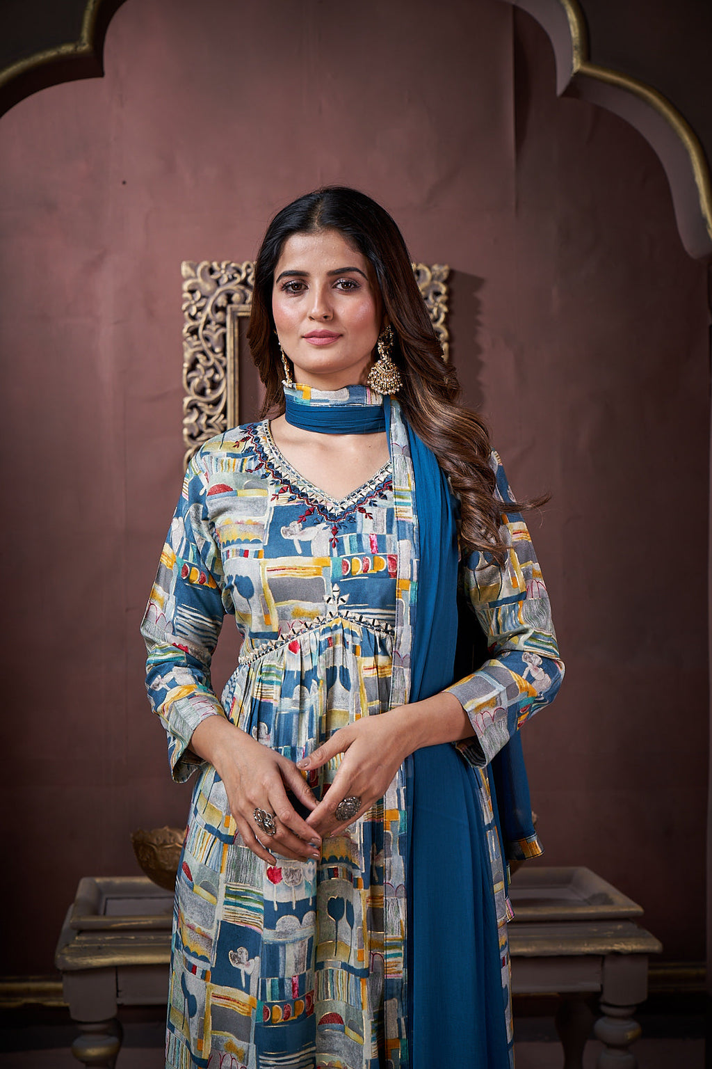 Jyoti Fashion Women's Navy Blue Rayon Floral Print with Handwork Designer Kurta Set with Dupatta - Distacart