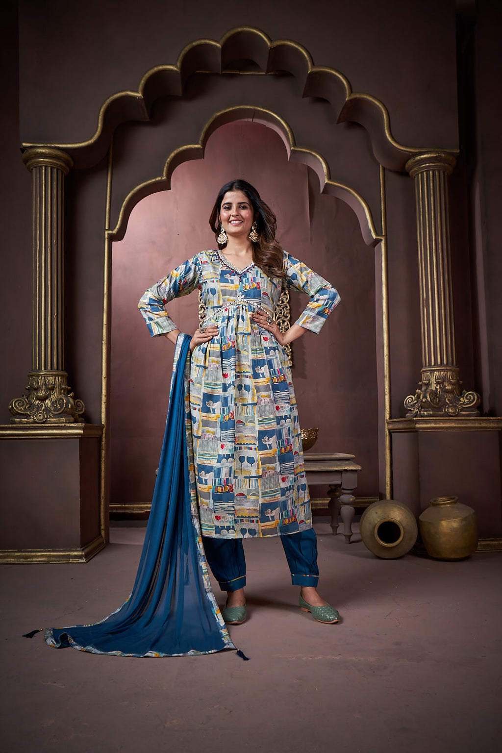 Jyoti Fashion Women's Navy Blue Rayon Floral Print with Handwork Designer Kurta Set with Dupatta - Distacart