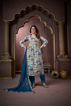 Jyoti Fashion Women's Navy Blue Rayon Floral Print with Handwork Designer Kurta Set with Dupatta - Distacart