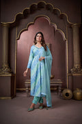 Jyoti Fashion Women's Sky Blue Rayon Floral Print with Handwork Designer Kurta Set with Dupatta - Distacart