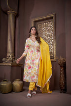 Jyoti Fashion Women's Yellow Rayon Floral Print with Handwork Designer Kurta Set with Dupatta - Distacart
