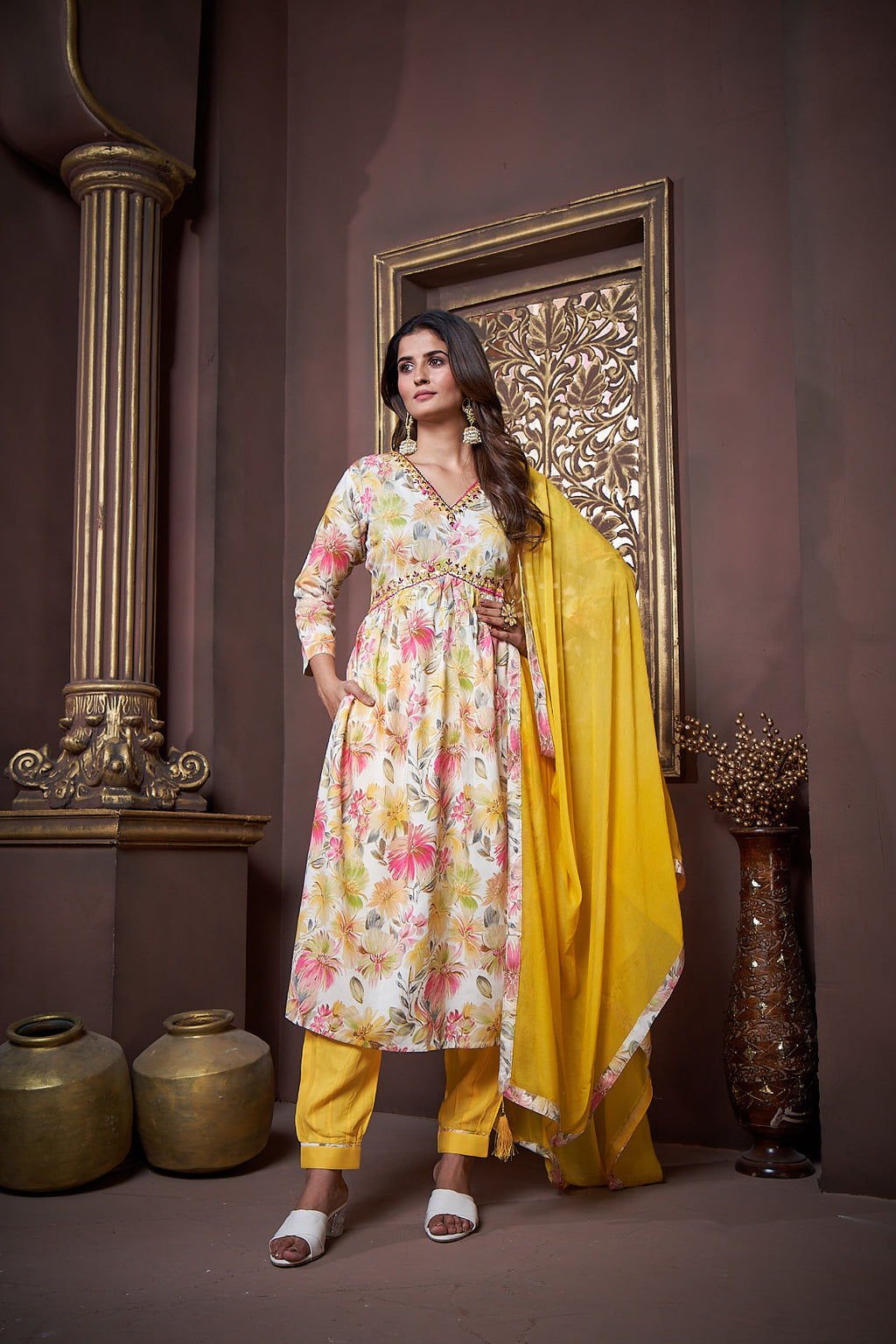 Jyoti Fashion Women's Yellow Rayon Floral Print with Handwork Designer Kurta Set with Dupatta - Distacart