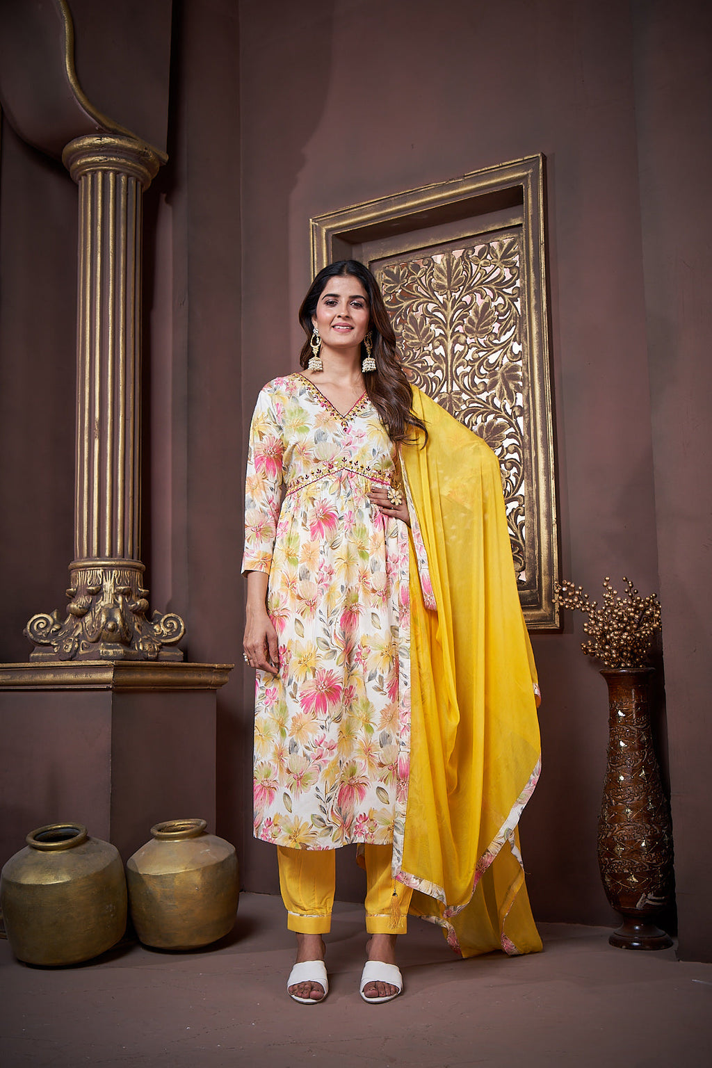 Jyoti Fashion Women's Yellow Rayon Floral Print with Handwork Designer Kurta Set with Dupatta - Distacart