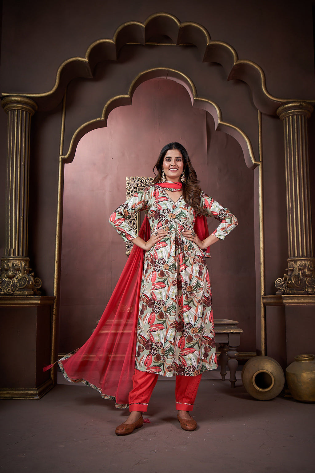 Jyoti Fashion Women's Red Rayon Floral Print with Handwork Designer Kurta Set with Dupatta - Distacart