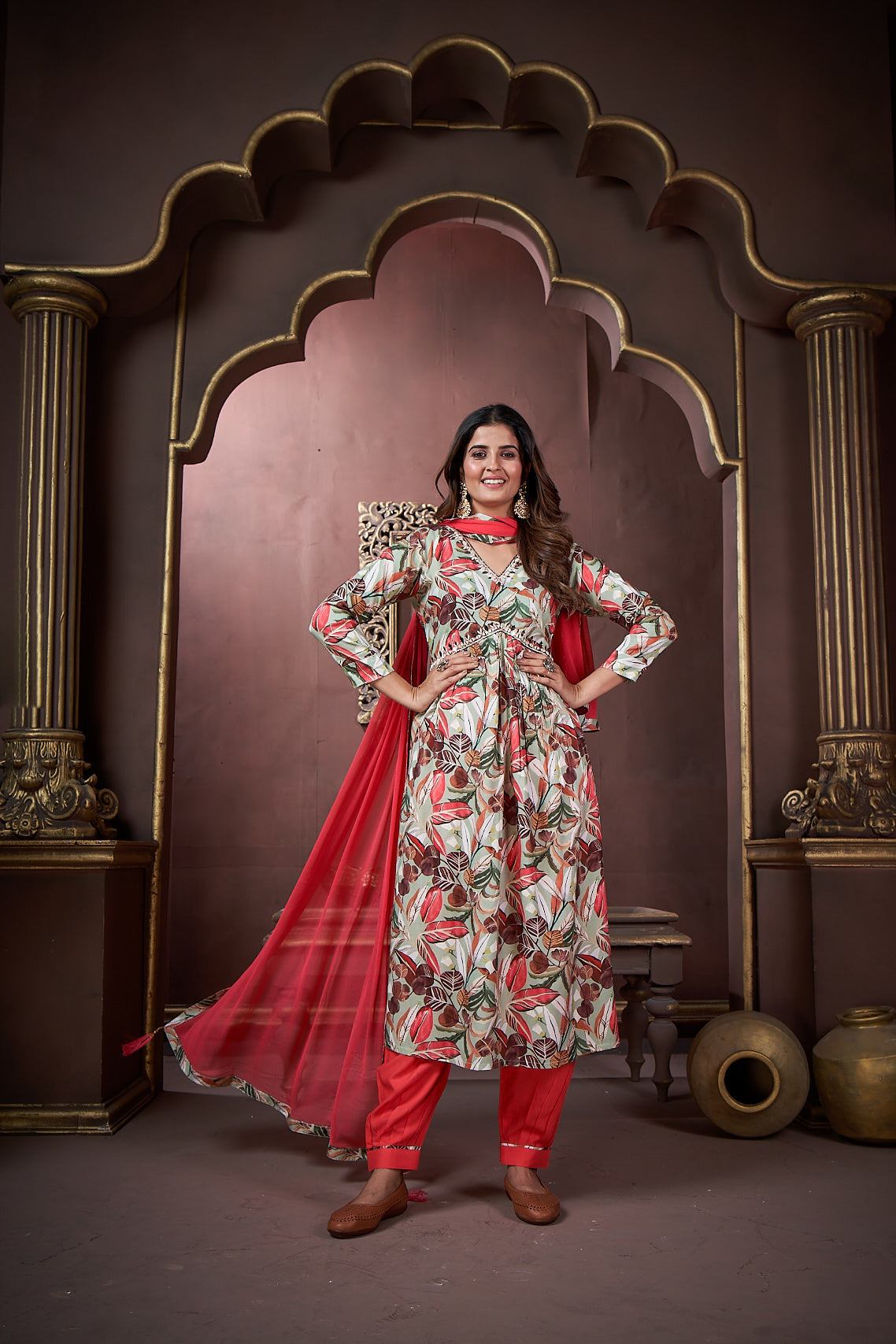 Jyoti Fashion Women's Red Rayon Floral Print with Handwork Designer Kurta Set with Dupatta - Distacart