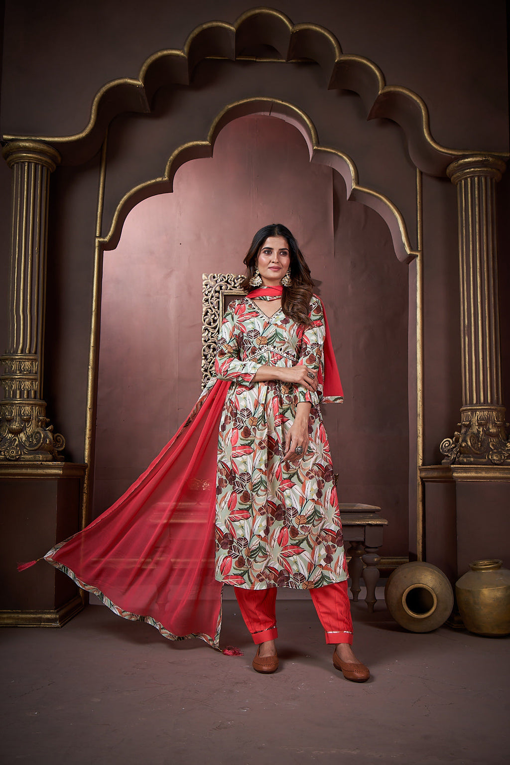 Jyoti Fashion Women's Red Rayon Floral Print with Handwork Designer Kurta Set with Dupatta - Distacart