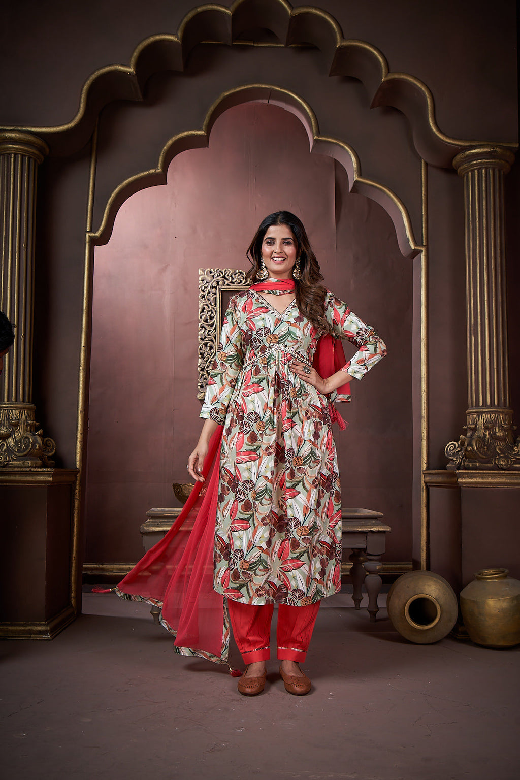 Jyoti Fashion Women's Red Rayon Floral Print with Handwork Designer Kurta Set with Dupatta - Distacart