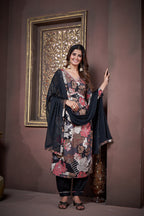 Jyoti Fashion Women's Black Rayon Floral Print with Handwork Designer Kurta Set with Dupatta - Distacart