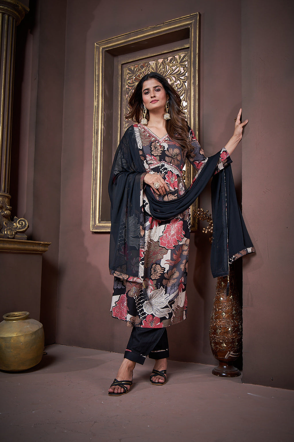 Jyoti Fashion Women's Black Rayon Floral Print with Handwork Designer Kurta Set with Dupatta - Distacart