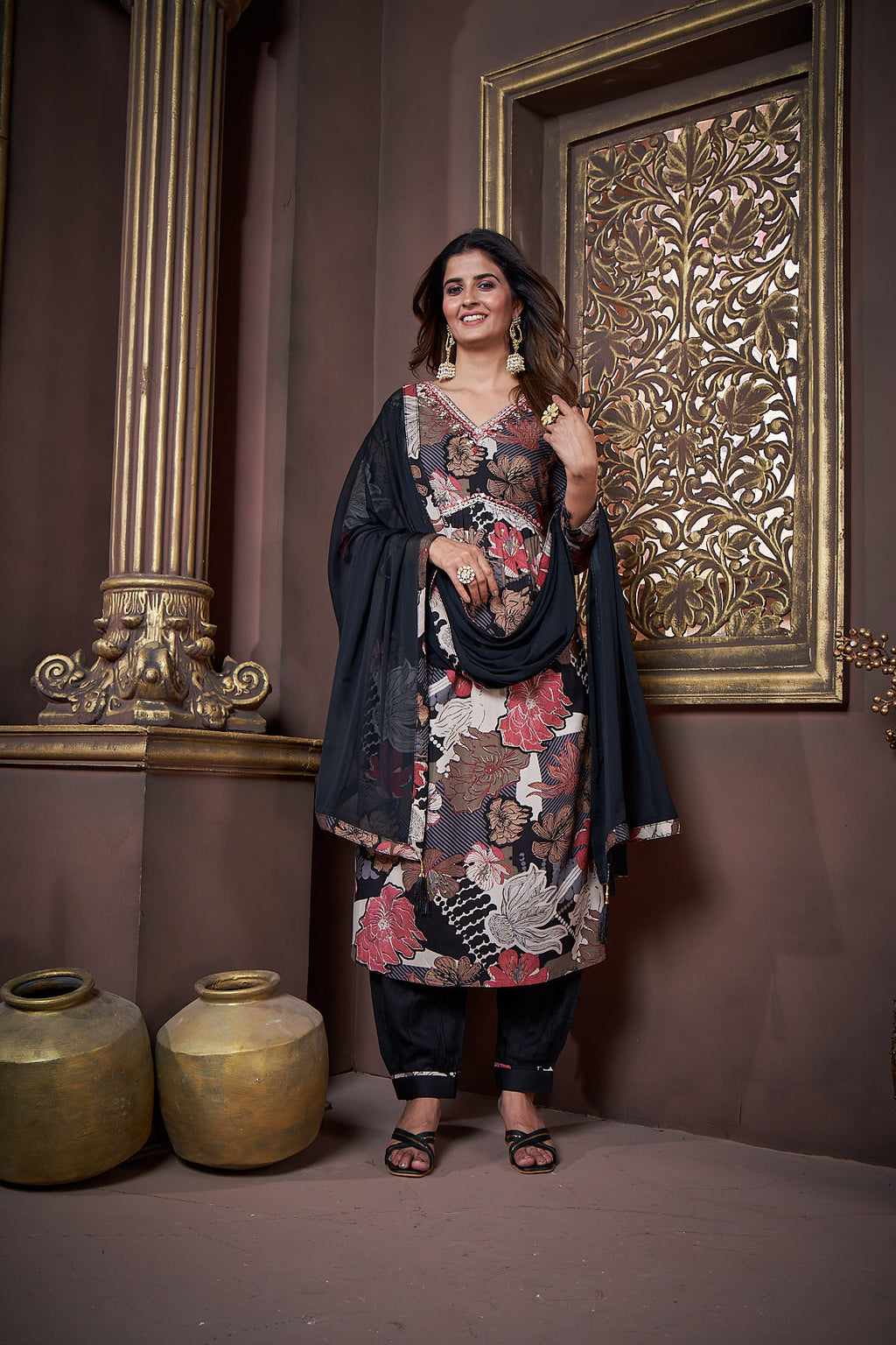 Jyoti Fashion Women's Black Rayon Floral Print with Handwork Designer Kurta Set with Dupatta - Distacart