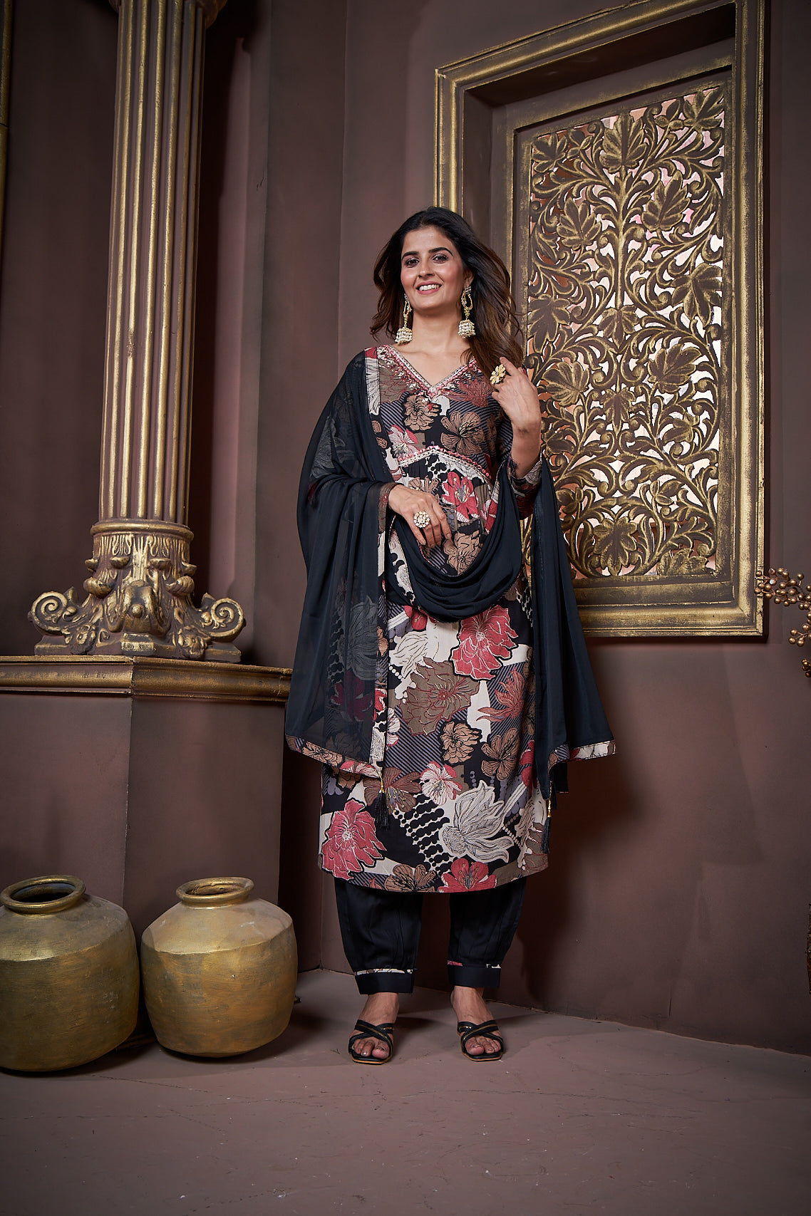 Jyoti Fashion Women's Black Rayon Floral Print with Handwork Designer Kurta Set with Dupatta - Distacart