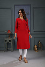 Jyoti Fashion Women's Red Cotton Handwork Designer Kurta Only - Distacart