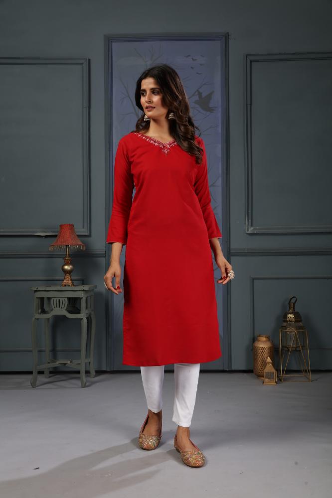 Jyoti Fashion Women's Red Cotton Handwork Designer Kurta Only - Distacart