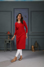 Jyoti Fashion Women's Red Cotton Handwork Designer Kurta Only - Distacart