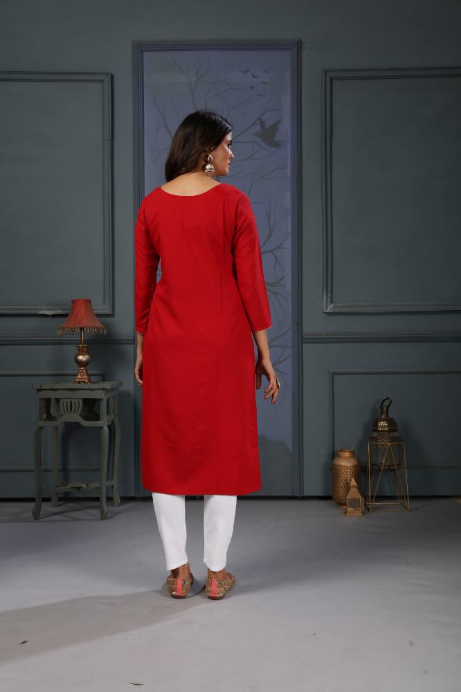 Jyoti Fashion Women's Red Cotton Handwork Designer Kurta Only - Distacart