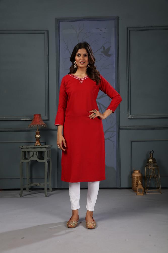Jyoti Fashion Women's Red Cotton Handwork Designer Kurta Only - Distacart