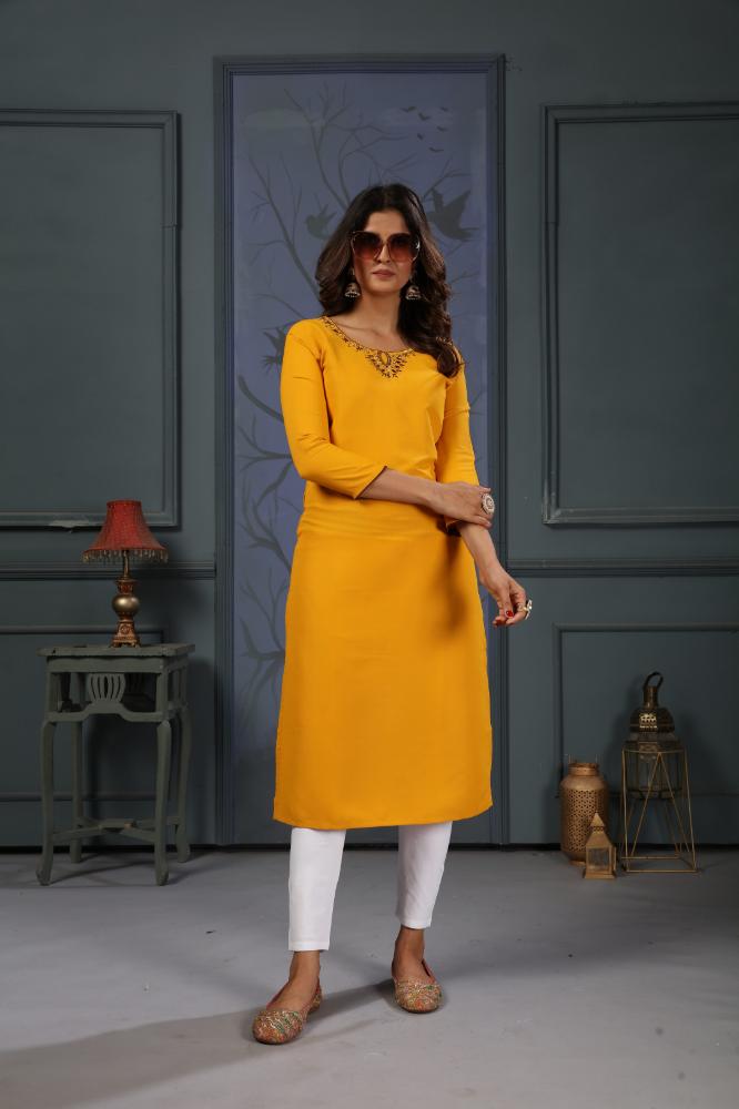 Jyoti Fashion Women's Yellow Cotton Handwork Designer Kurta Only - Distacart
