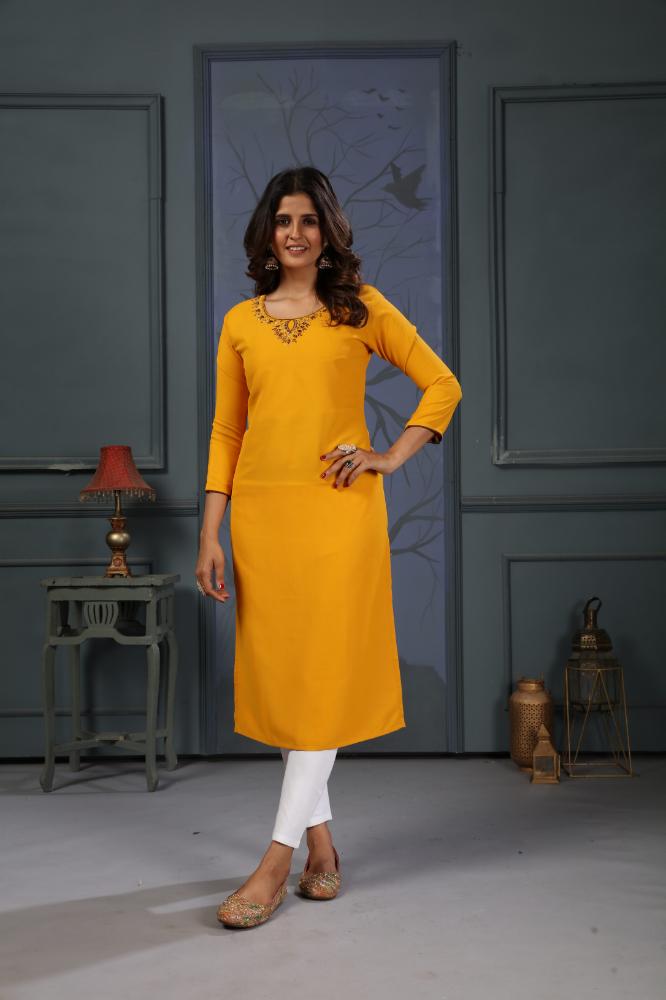 Jyoti Fashion Women's Yellow Cotton Handwork Designer Kurta Only - Distacart