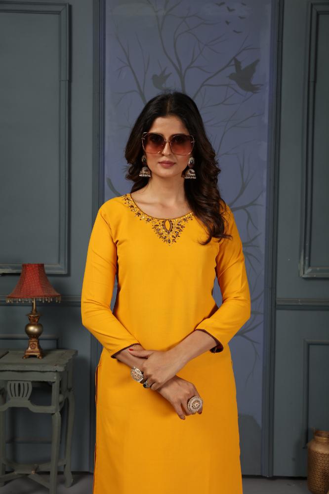 Jyoti Fashion Women's Yellow Cotton Handwork Designer Kurta Only - Distacart