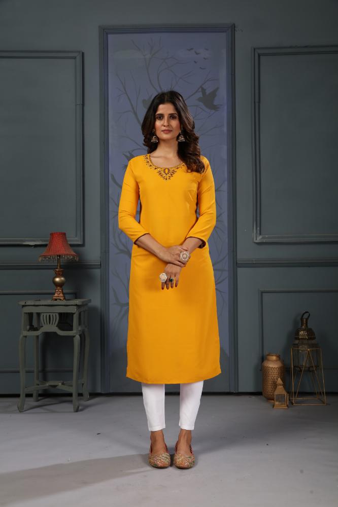 Jyoti Fashion Women's Yellow Cotton Handwork Designer Kurta Only - Distacart