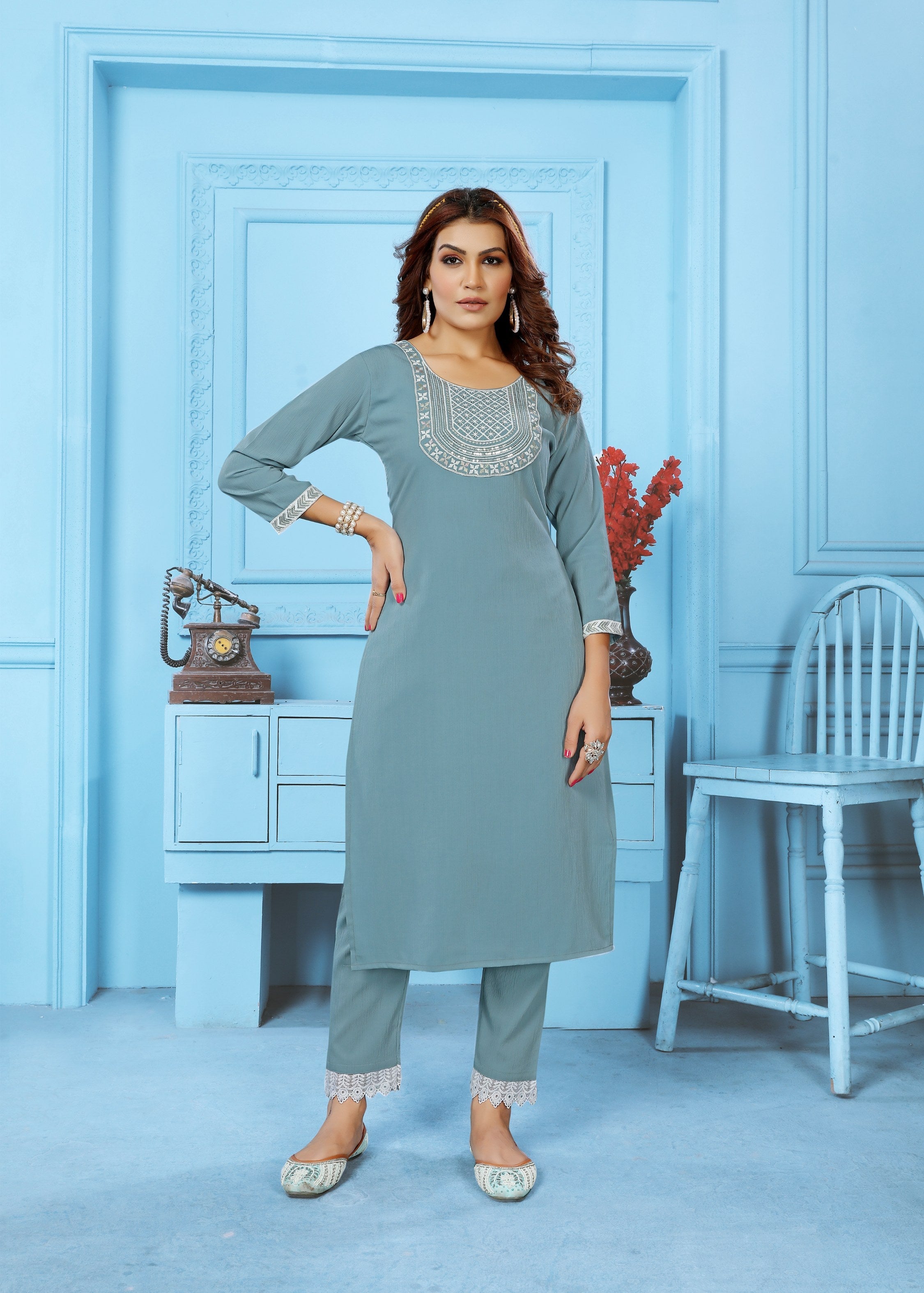 Jyoti Fashion Women's Grey Rinkal Cotton Embroidered Designer Kurta with Bottom - Distacart