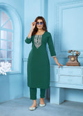 Jyoti Fashion Women's Bottle Green Rinkal Cotton Embroidered Designer Kurta with Bottom - Distacart