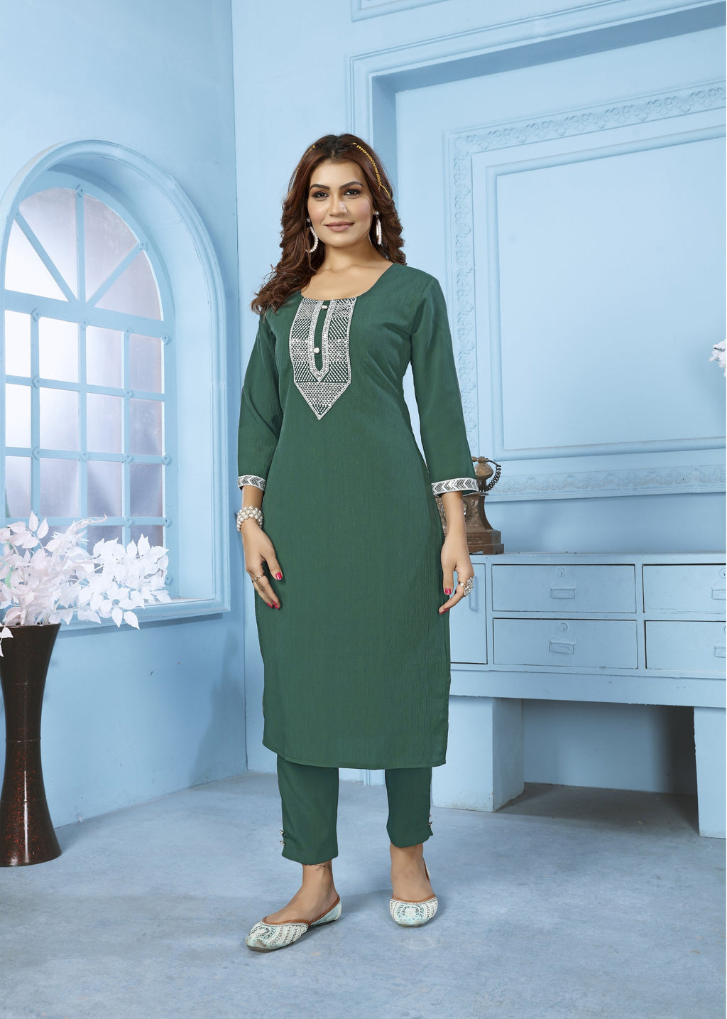Jyoti Fashion Women's Bottle Green Rinkal Cotton Embroidered Designer Kurta with Bottom - Distacart