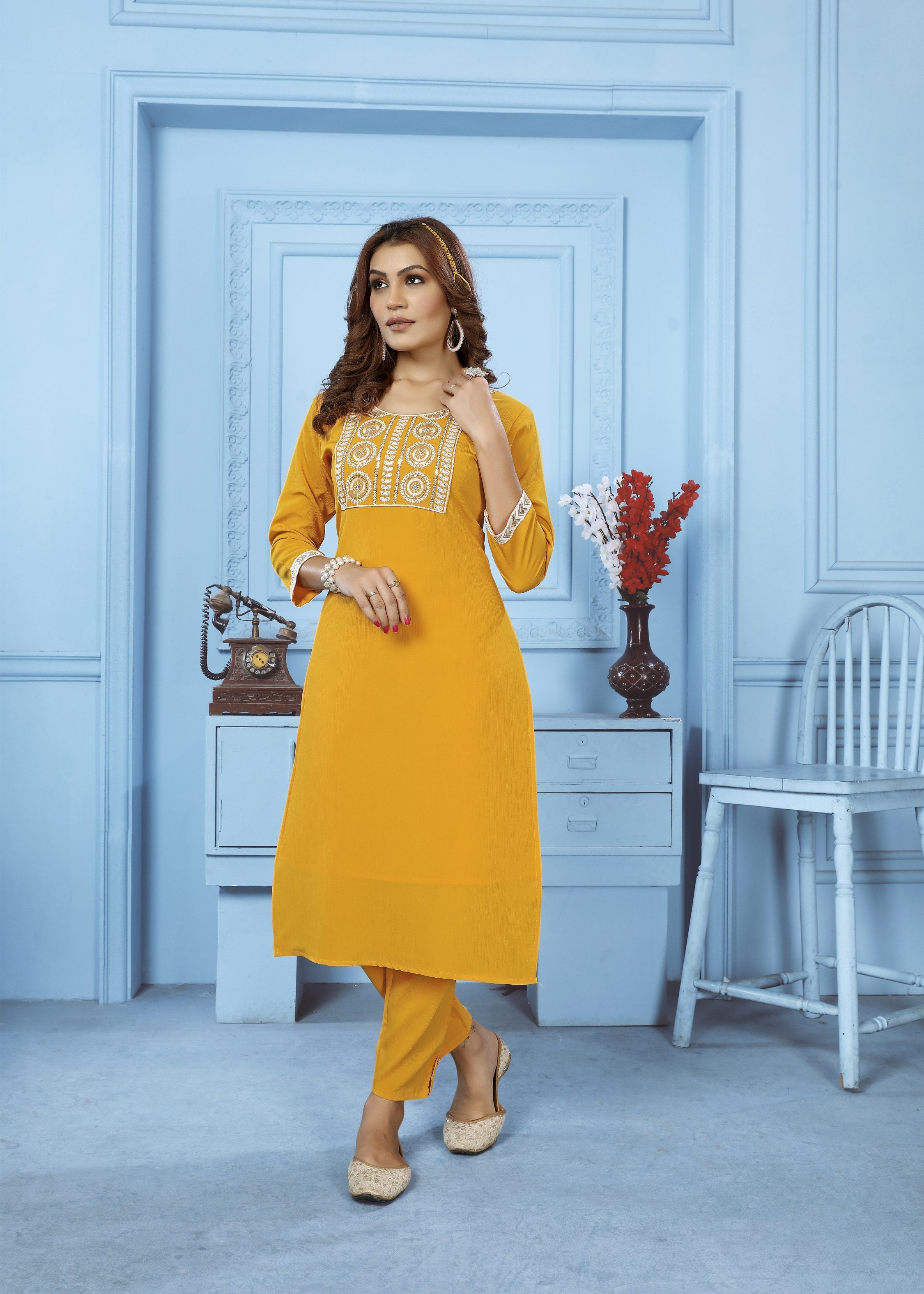 Jyoti Fashion Women's Yellow Rinkal Cotton Embroidered Designer Kurta with Bottom - Distacart