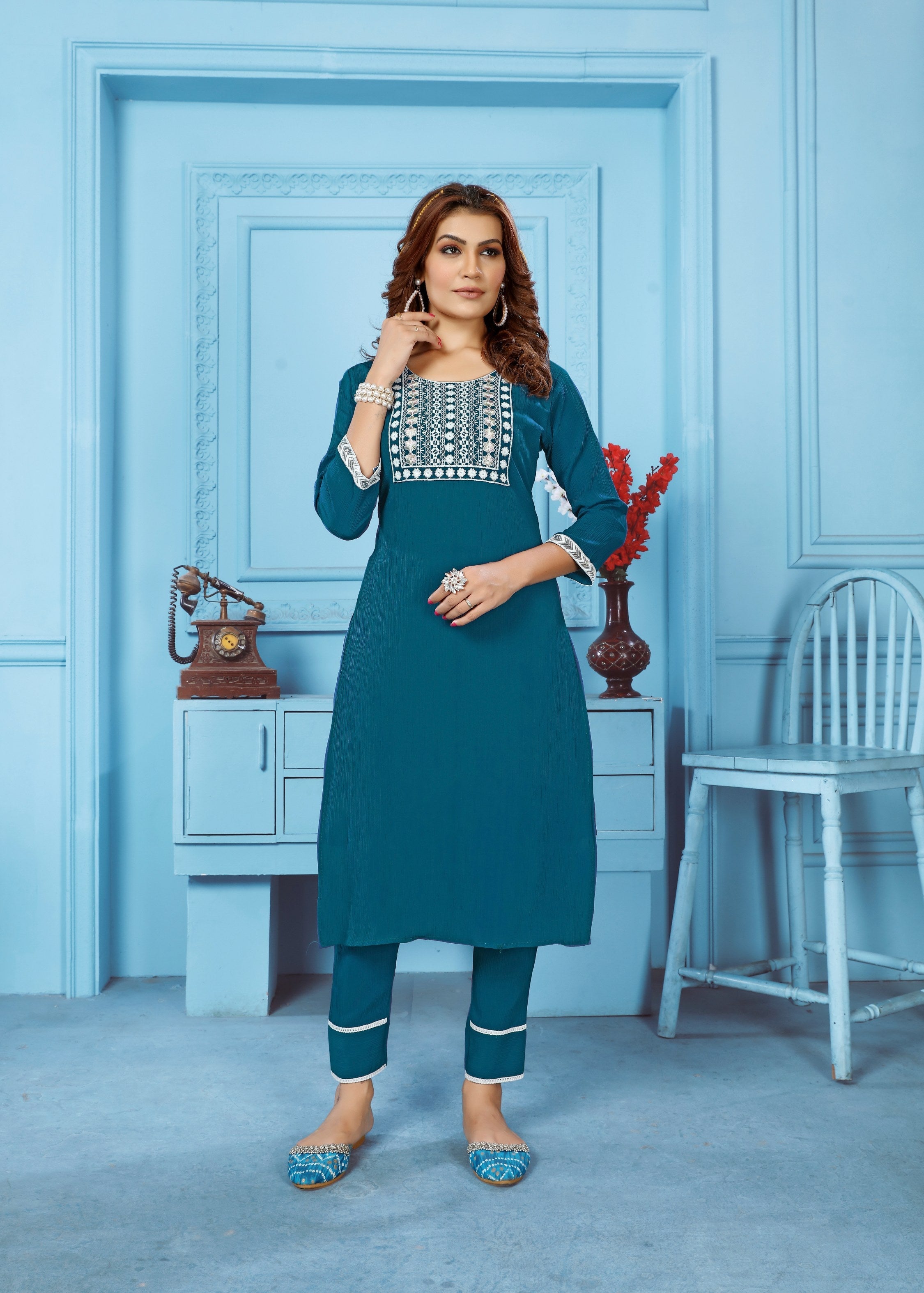 Jyoti Fashion Women's Teal Rinkal Cotton Embroidered Designer Kurta with Bottom - Distacart