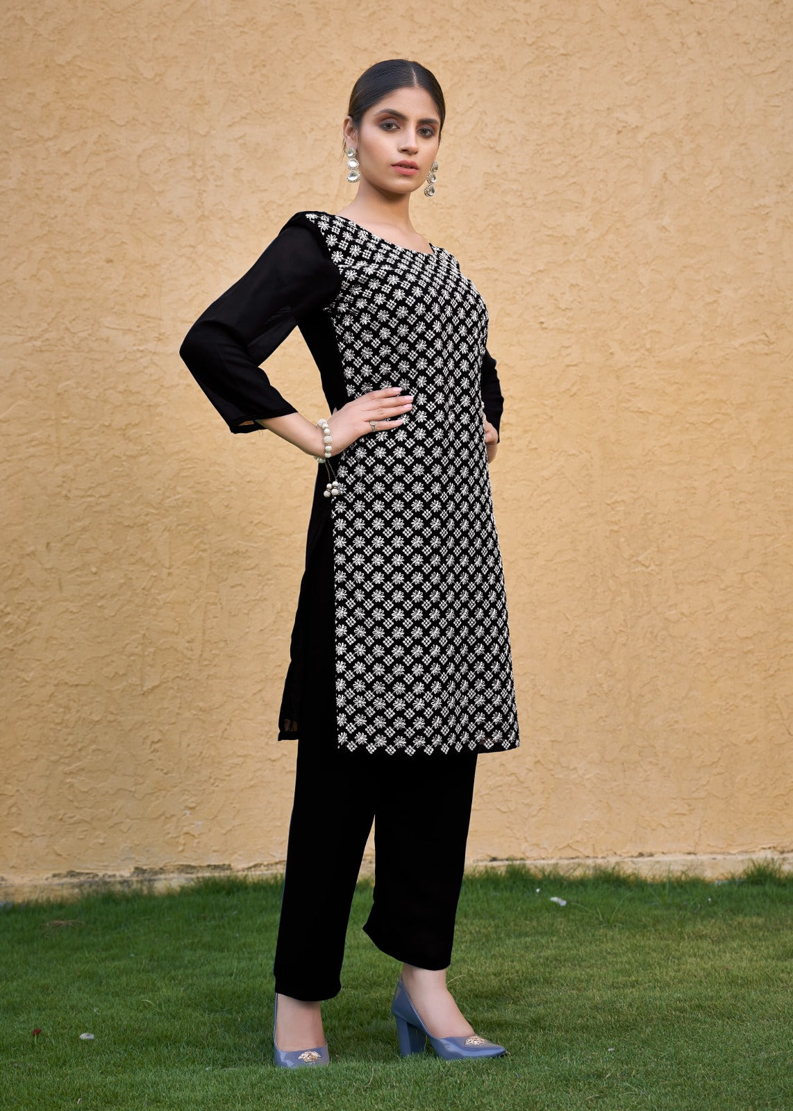 Jyoti Fashion Women's Black Faux Georgette Chikan Embroidery Designer Kurta with Bottom - Distacart
