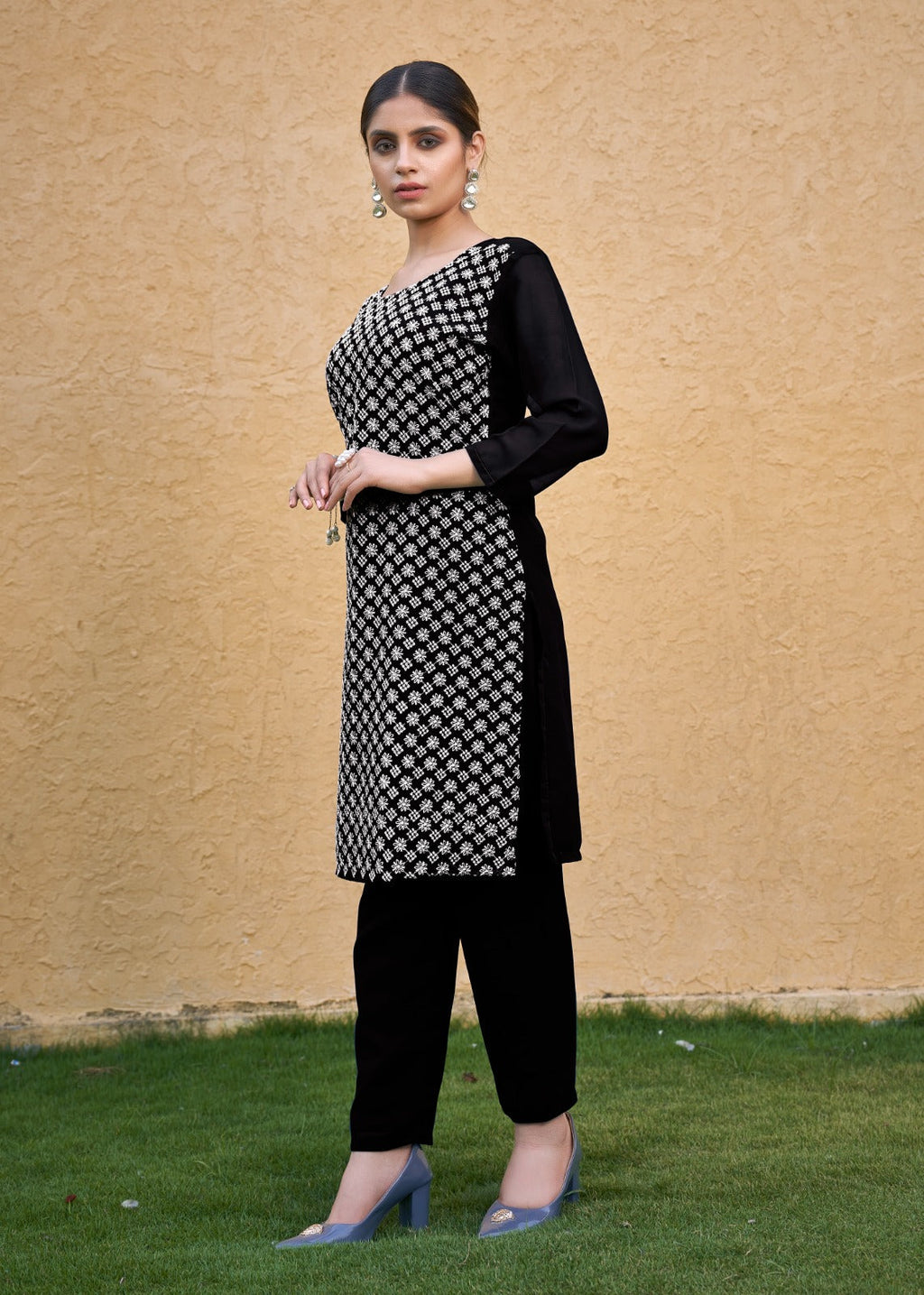 Jyoti Fashion Women's Black Faux Georgette Chikan Embroidery Designer Kurta with Bottom - Distacart