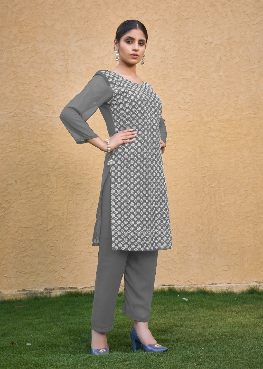 Jyoti Fashion Women's Grey Faux Georgette Chikan Embroidery Designer Kurta with Bottom - Distacart