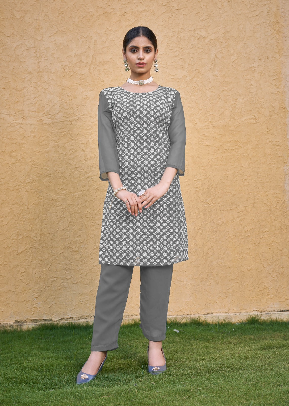 Jyoti Fashion Women's Grey Faux Georgette Chikan Embroidery Designer Kurta with Bottom - Distacart