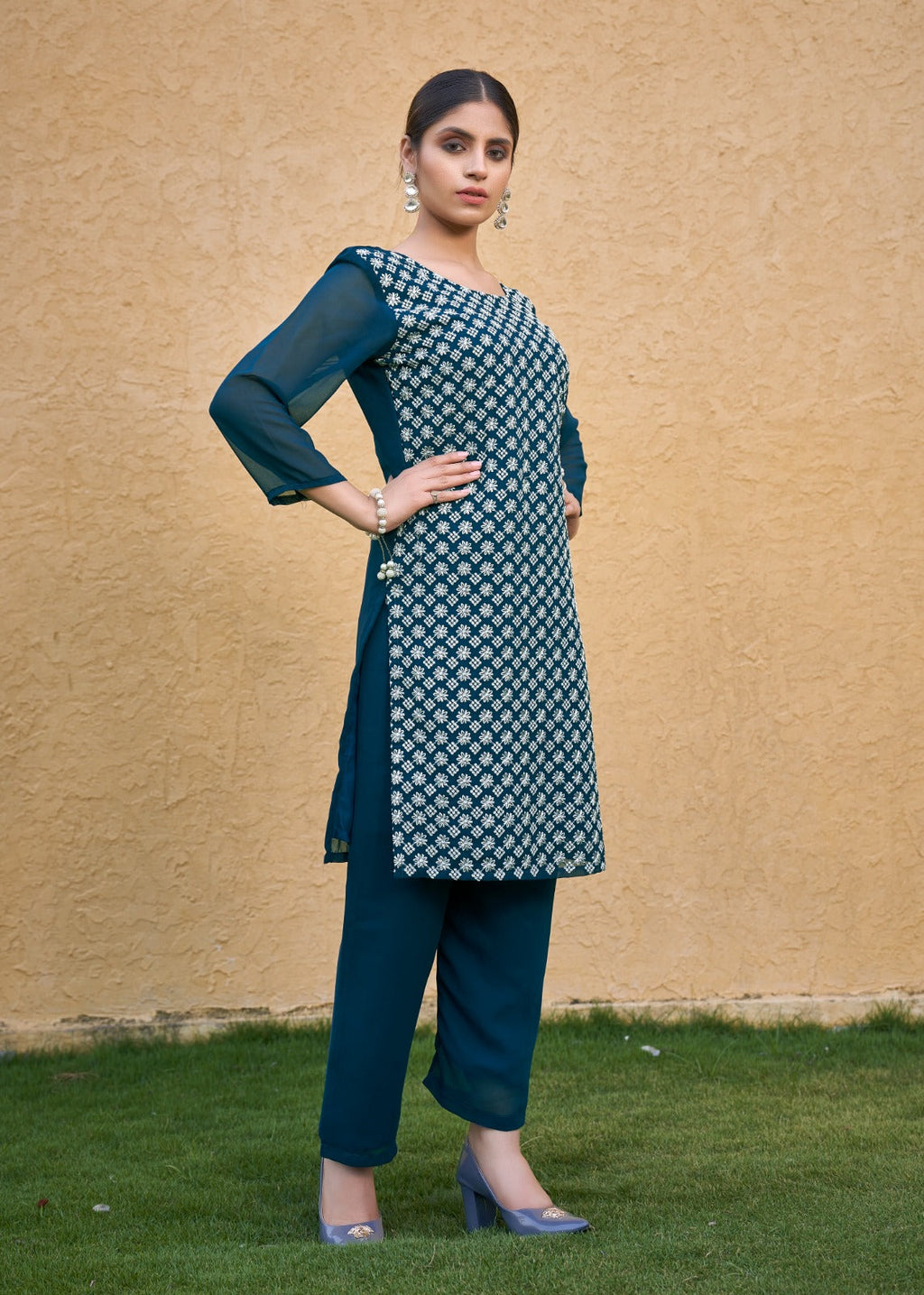Jyoti Fashion Women's Morpich Faux Georgette Chikan Embroidery Designer Kurta with Bottom - Distacart