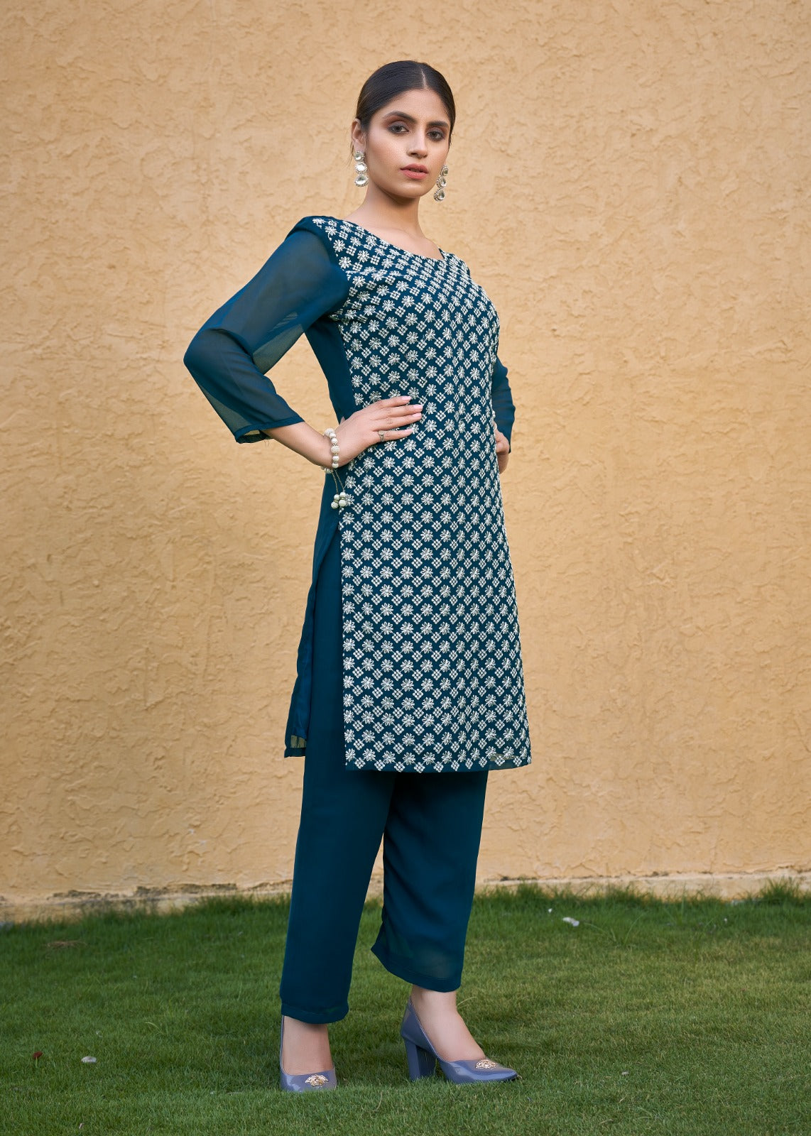 Jyoti Fashion Women's Morpich Faux Georgette Chikan Embroidery Designer Kurta with Bottom - Distacart