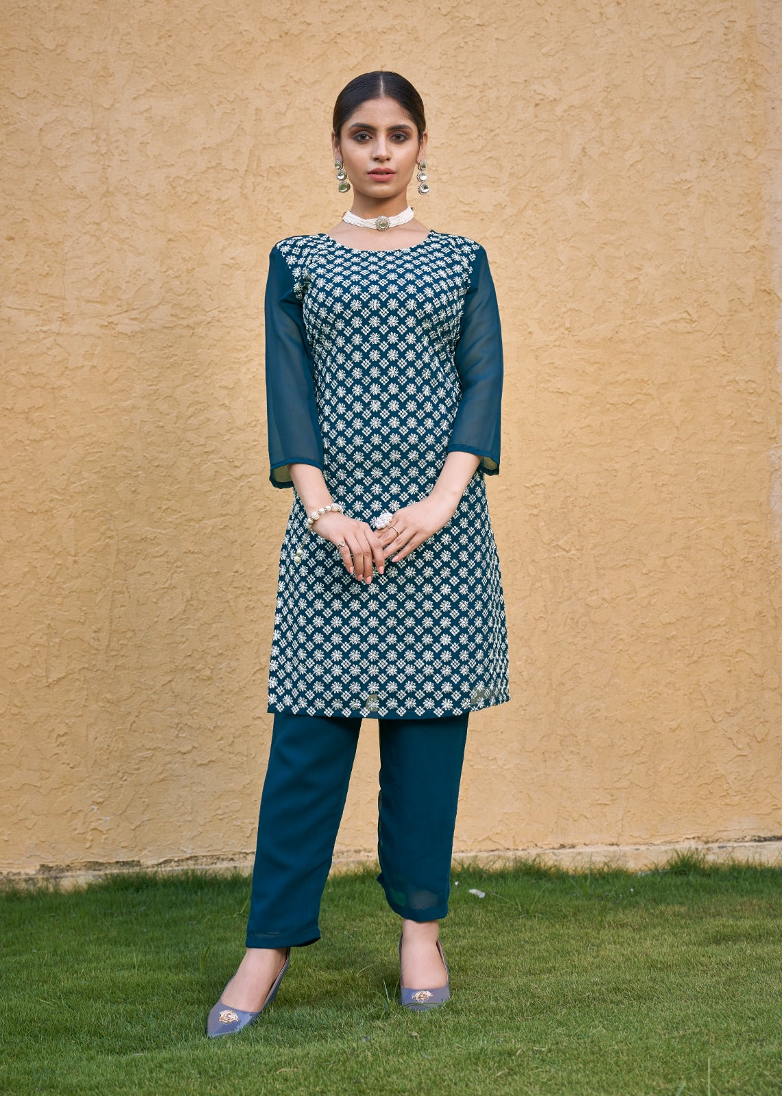 Jyoti Fashion Women's Morpich Faux Georgette Chikan Embroidery Designer Kurta with Bottom - Distacart
