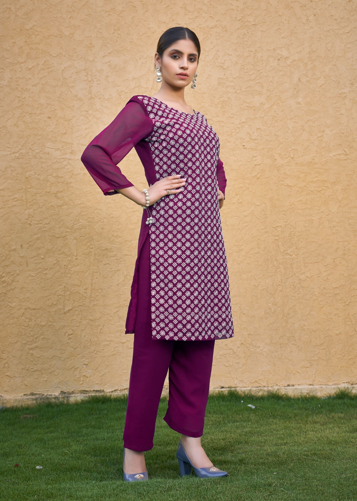 Jyoti Fashion Women's Wine Faux Georgette Chikan Embroidery Designer Kurta with Bottom - Distacart