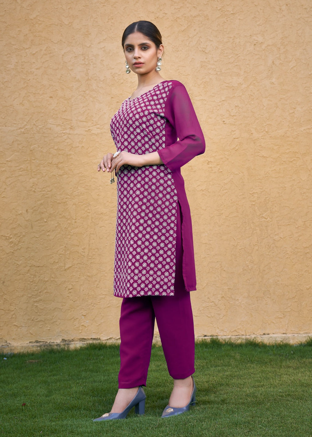 Jyoti Fashion Women's Wine Faux Georgette Chikan Embroidery Designer Kurta with Bottom - Distacart