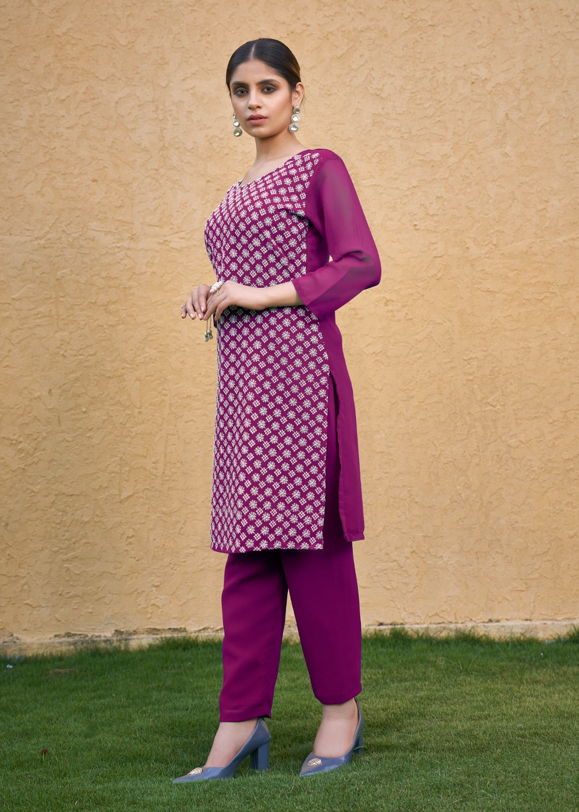 Jyoti Fashion Women's Wine Faux Georgette Chikan Embroidery Designer Kurta with Bottom - Distacart