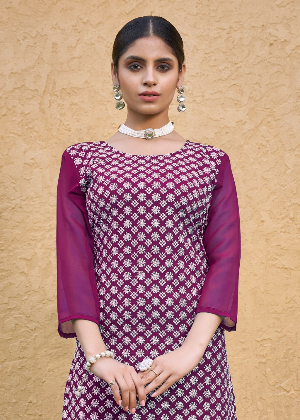 Jyoti Fashion Women's Wine Faux Georgette Chikan Embroidery Designer Kurta with Bottom - Distacart