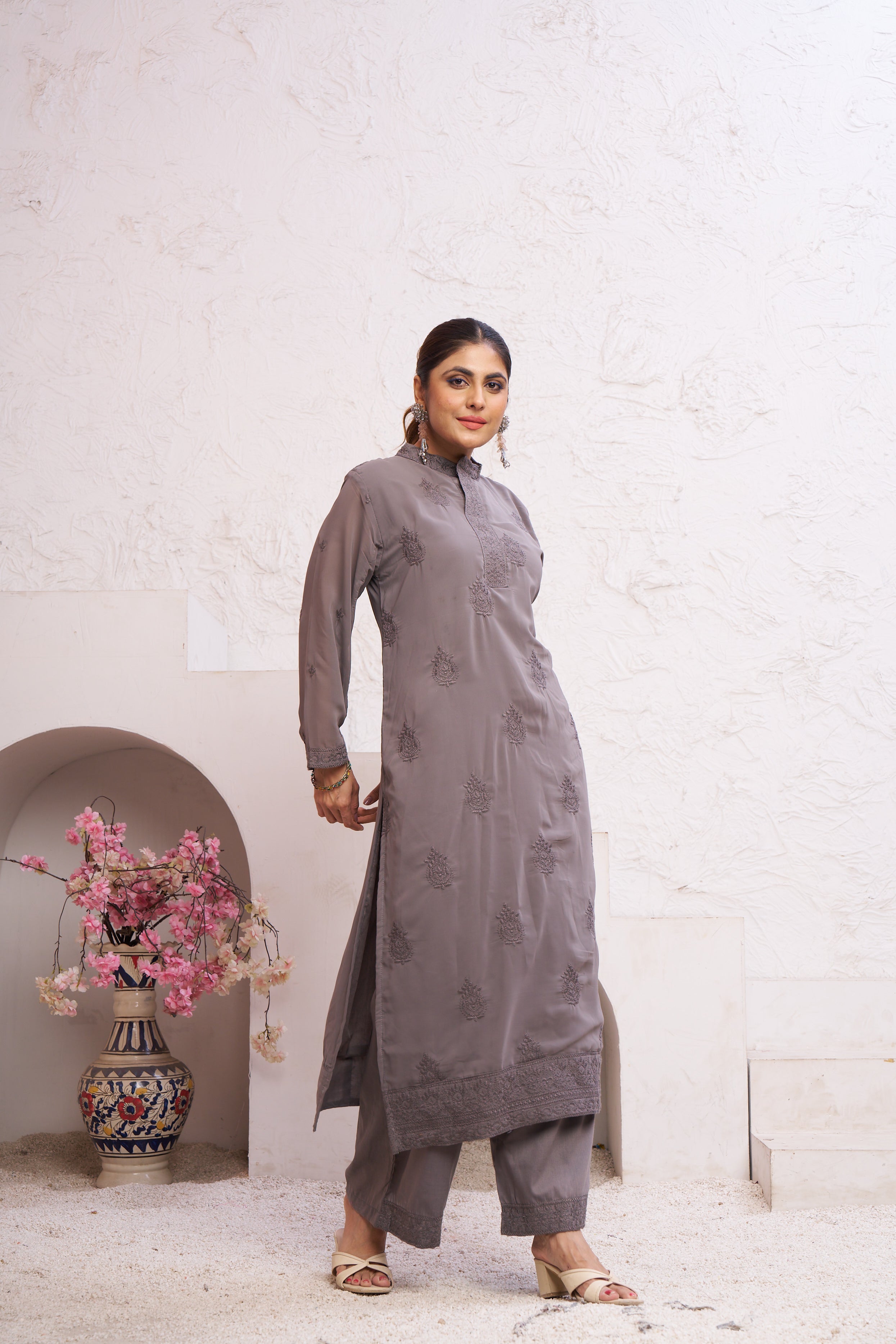 Jyoti Fashion Women's Grey Faux Georgette Embroidered Designer Kurta with Bottom - Distacart
